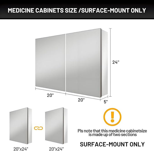 40 x 24 Medicine Cabinet Mirror for Bathroom,Assembly Required,Aluminum Alloy Frame,Surface-Mount Only,Mirrored Side Panel,Adjustable Shelves,Bathroom Medicine Cabinet with Mirror