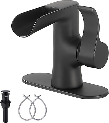 Single Handle Bathroom Faucet Matte Black Waterfall GGStudy Bathroom Vanity Faucet Black Basin Matching Pop Up Drain with Overflow