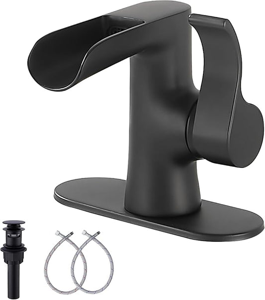 Single Handle Bathroom Faucet Matte Black Waterfall GGStudy Bathroom Vanity Faucet Black Basin Matching Pop Up Drain with Overflow