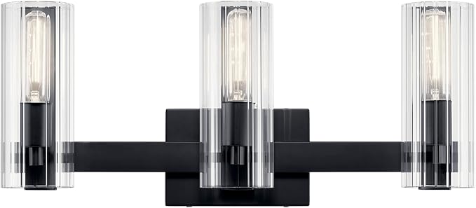 Kichler Jemsa 3 Light Vanity, Modern Light with Clear Fluted Glass in Black for Bathroom or Powder Room (9.75" x 22.75"), 55168BK