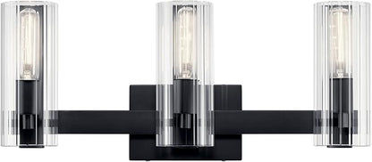 Kichler Jemsa 3 Light Vanity, Modern Light with Clear Fluted Glass in Black for Bathroom or Powder Room (9.75" x 22.75"), 55168BK