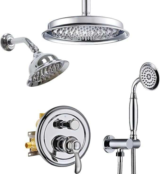 Dual Rain Shower Head System with Handheld Antique Faucet Set | Chrome Finish, Multi-layer Plating, Vintage Rainfall, 3 Way Diverter Brass Valve with Trim Kit, Easy Install