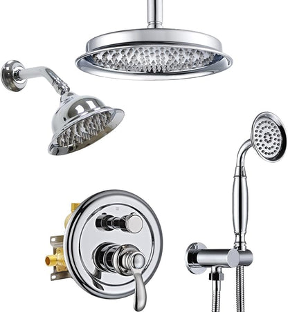 Dual Rain Shower Head System with Handheld Antique Faucet Set | Chrome Finish, Multi-layer Plating, Vintage Rainfall, 3 Way Diverter Brass Valve with Trim Kit, Easy Install