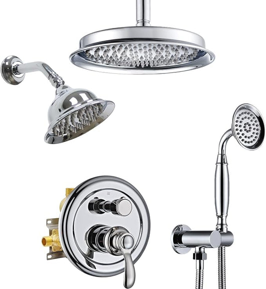 Dual Rain Shower Head System with Handheld Antique Faucet Set | Chrome Finish, Multi-layer Plating, Vintage Rainfall, 3 Way Diverter Brass Valve with Trim Kit, Easy Install