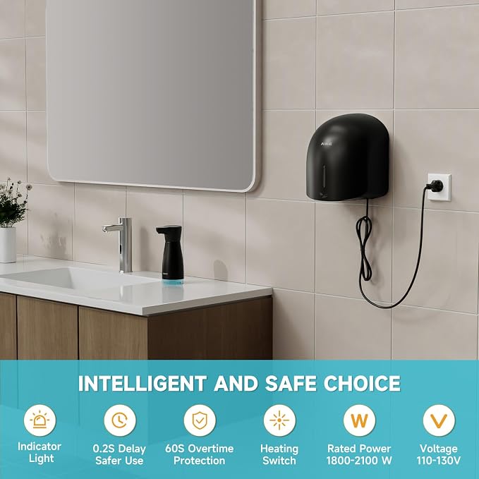 AIKE GentleAir Warm Hand Dryer,Low Noise for Home Bathroom,Midnight Black | GentleAir Warm Dry,Plug-in Easy Install and Low Noise Experience for Home Bathroom,Smart and Sophisticated ABS Look,AK2637