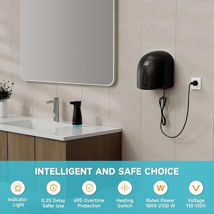 AIKE GentleAir Warm Hand Dryer,Low Noise for Home Bathroom,Midnight Black | GentleAir Warm Dry,Plug-in Easy Install and Low Noise Experience for Home Bathroom,Smart and Sophisticated ABS Look,AK2637
