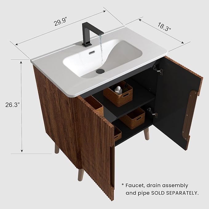 30" Modern Bathroom Vanity with Sink, Mid Century Modern Walnut Bathroom Cabinet with 2 Soft Close Doors, Large Storage with Shelf for Small Space, Apartment & Hotel Style