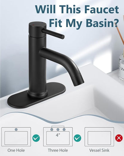 Aolemi Bathroom Faucet Single Hole,Single Handle Bathroom Sink Faucet with Supply Lines,with Pop Up Drain Assembly and Deck Plate,Matte Black