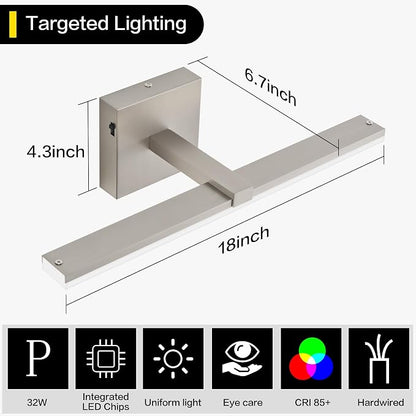 18 Inch Bathroom Vanity Light Over Mirror Brushed Nickel Arm Extra Wide LED Bar 6000K Daylight ETL IP44 CRI85+