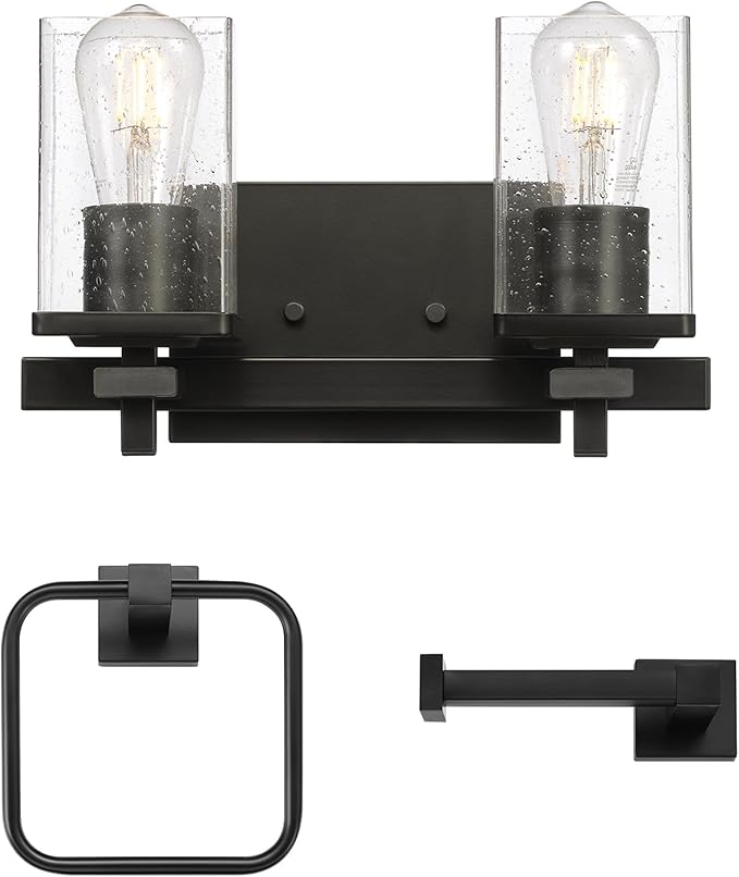 Globe Electric 63000101 3-Piece Powder Room Set, Matte Black, 13" 2-Light Vanity Fixture, Seeded Glass Shades, Towel Ring, Toilet Paper Holder, Bathroom Decor, Lighting Over Mirror, Home Essentials