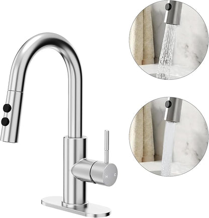 Fransiton Bathroom Faucets, Bar Sink Faucet Single Hole for Bathroom Kitchen Campers with Deck Plate Outdoor Faucet Vessel Farmhouse Vanity Lavatory (Brushed Nickel - Pull Sprayer - A)