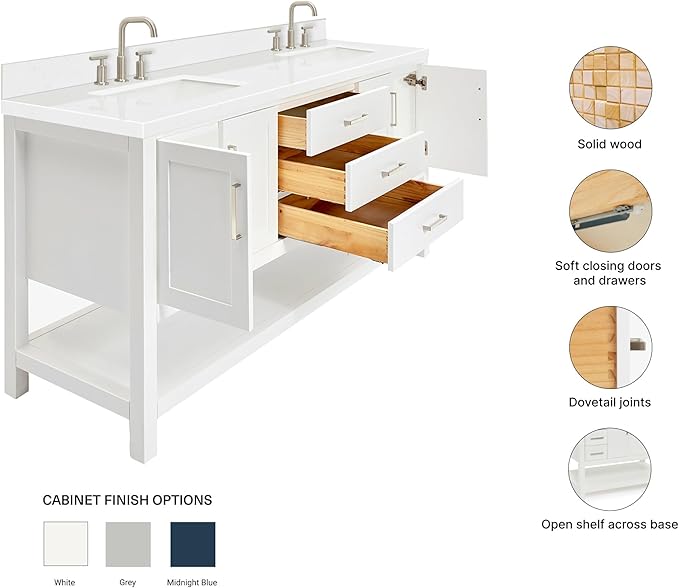 ARIEL Magnolia 72-inch Bathroom Vanity with Sink,Solid Wood, 1.5-inch Carrara White Quartz Countertop, Double Rectangular Porcelain Sink, 4 Soft Closing Doors, 3 Dovetail Drawers, White