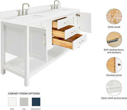 ARIEL Magnolia 72-inch Bathroom Vanity with Sink,Solid Wood, 1.5-inch Carrara White Quartz Countertop, Double Rectangular Porcelain Sink, 4 Soft Closing Doors, 3 Dovetail Drawers, White