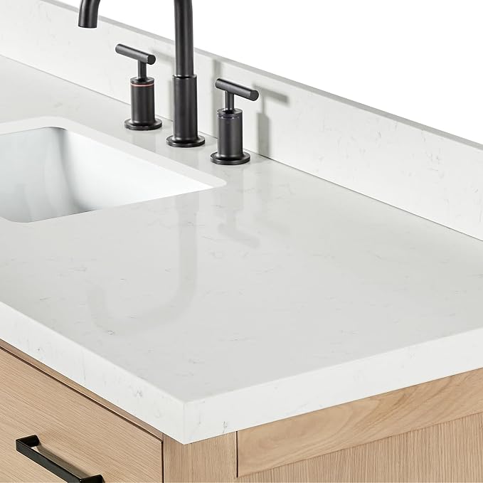 ARIEL Cambridge 60-inch Bathroom Vanity with Sink,Solid Wood, 1.5-inch Carrara White Quartz Countertop, Single Rectangular Porcelain Sink, 2 Soft Closing Doors, 9 Dovetail Drawers, White Oak