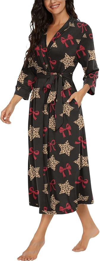 VINTATRE Women Kimono Robes Long Knit Bathrobe Lightweight Soft Knit Sleepwear V-neck Casual Ladies Loungewear