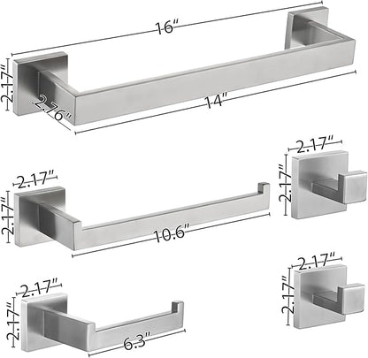5 Piece Bathroom Hardware Set Brushed Nickel, SUS304 Stainless Steel Towel Bar Set, Modern Square Accessories with 16 Inch Rack Toilet Paper Holder Robe Hooks (Brushed Nickel)