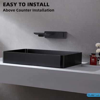 Black Rectangular Bathroom Vessel Sink: 20"x14" Modern Vanity Washbasin | Above Counter Lavatory Basin with Stainless Stee PVD Coating Pop Up Drain for Home Hotel Office Toilet Renovation Decoration
