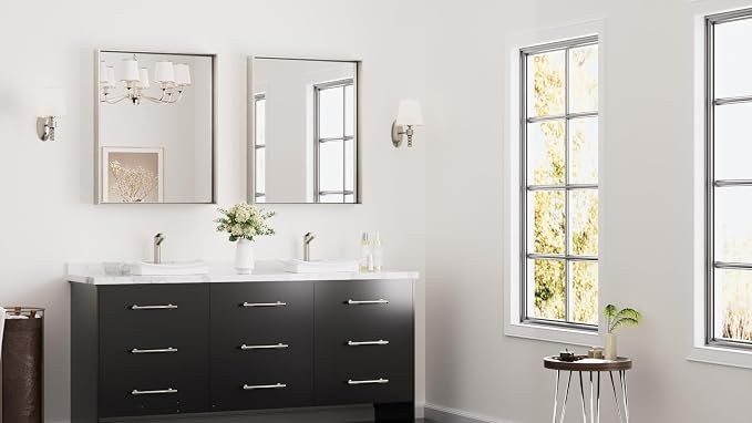 Keonjinn 24x30 Inch Brushed Nickel Bathroom Mirror for Over Sink, Rectangle | HD Tempered Glass, Vanity Mirror, Brushed Framed, Square Corner, Modern Farmhouse, Wall Mounted Mirrors, Aluminum Alloy