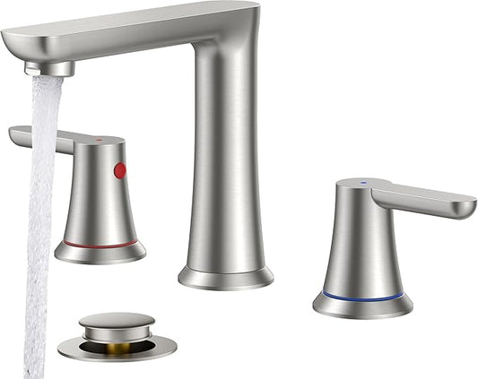 FORIOUS Brushed Nickel Bathroom Faucets 3 Hole, 2 Handle 8 in Widespread Bathroom Faucet Brushed Nickel with Metal Drain, Supply Hose, Water Saving Aerator, for Vanity Sinks, Commercial Sinks
