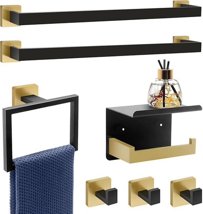 Dorudon Atrox 7-Piece Bathroom Set - Black & Gold Accessories Set - Square Towel Bar 2x23'', Hand Towel Rack, Toilet Paper Holder, 3x Towel Hook, Bathroom Hardware