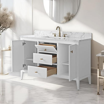 Vanity Art 48 inch Bathroom Vanity with Single Sink & Ceramic Top, Vanity Cabinet with Soft-Closing Door, Solid Wood Frame, Linear Pattern, White, Golden Brushed Handware VA9148-W-GB
