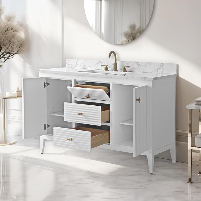 Vanity Art 48 inch Bathroom Vanity with Single Sink & Ceramic Top, Vanity Cabinet with Soft-Closing Door, Solid Wood Frame, Linear Pattern, White, VA9148-W-MB,Matte Black Handles