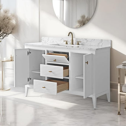 Vanity Art 48 inch Bathroom Vanity with Single Sink & Ceramic Top, Vanity Cabinet with Soft-Closing Door, Solid Wood Frame, Linear Pattern, White, VA9148-W-MB,Matte Black Handles
