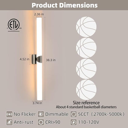 39" Brushed Nickel Bathroom Vanity Lights, Wall Lighting Fixtures | Modern Wall Light for Bathroom Bedroom Living Room Hallway