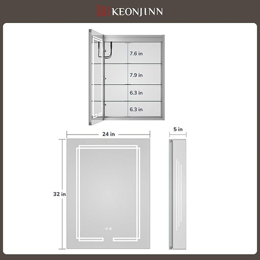 Keonjinn 24 x 32 Inch Medicine Cabinet with Lights, Bathroom LED Medicine Cabinet Mirror, Tempered Glass, UL-Listed, Adjustable Shelves, No Outlets, 3 Color Temperature, Dimmable, Wall Mount Only
