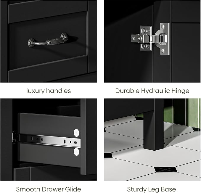 48" Bathroom Vanity with Sink Combo, Freestanding Modern Thickened Wood Bathroom Storage Cabinet with Undermount Double Sink, 3 Drawers & 2 Soft-Close Doors with Organizers, Black