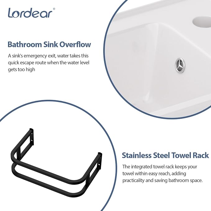 Lordear Wall Mounted Bathroom Sink with Towel Rack 20 x 11 Inch Modern Black Wall Hung Sink for ADA Bathrooms, Rectangular One Hole Porcelain Vanity Sinks