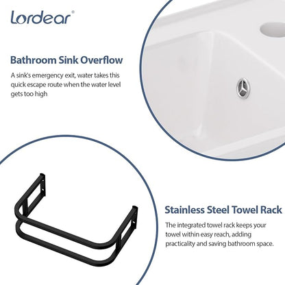 Lordear Wall Mounted Bathroom Sink with Towel Rack 20 x 11 Inch Modern Black Wall Hung Sink for ADA Bathrooms, Rectangular One Hole Porcelain Vanity Sinks