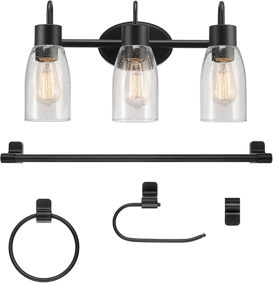 Globe Electric 63000205 5-Piece All-in-One Bathroom Accessory Set with 19" 3-Light Vanity Light, Matte Black, Seeded Glass Shades, Towel Bar, Robe Hook, Toilet Paper Holder, Towel Ring, Powder Room