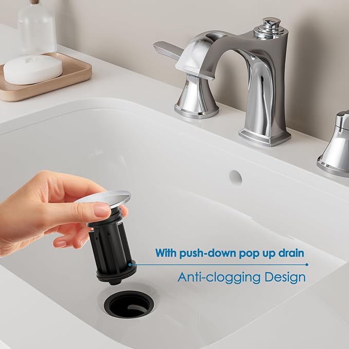 Chrome Bathroom Faucet 3 Hole, Sanliv Widespread Bathroom Sink Faucet with Drain Assembly, 2-Handle Modern Vantiy Faucet for 4-16 Inch Three Hole Sinks, Polished Chrome