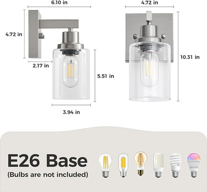 Bathroom Wall Sconces Set of 2,Brushed Nickel Wall Sconce,Vanity Light with Clear Glass Wall Mounted Light Fixture,Farmhouse Wall Lamp for Bedroom Living Room Mirror Hallway
