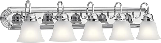 Kichler 5-Light Bathroom Vanity Light, Tannery Bronze | Traditional vanity light with satin etched glass for bathroom mirrors (36" x 8" x 8"), 5339CHS