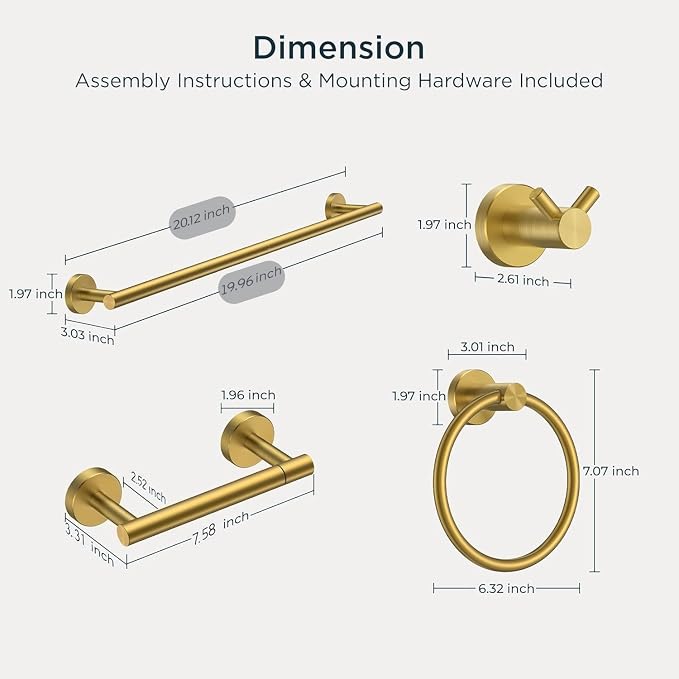 FORIOUS Bathroom Accessories, 4-Piece Bathroom Hardware Set - 18" Towel Bar | Brushed Gold | Towel Hooks, Towel Racks for Bathroom, Toilet Paper Holder Wall Mounted & Towel Ring | SUS304 Stainless Steel
