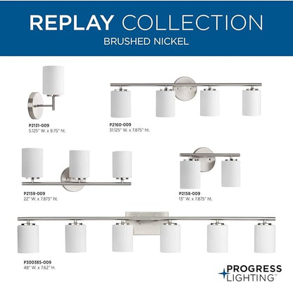 Progress Lighting Replay Collection 1-Light Etched White Glass Modern Bath Vanity Light Brushed Nickel, E26