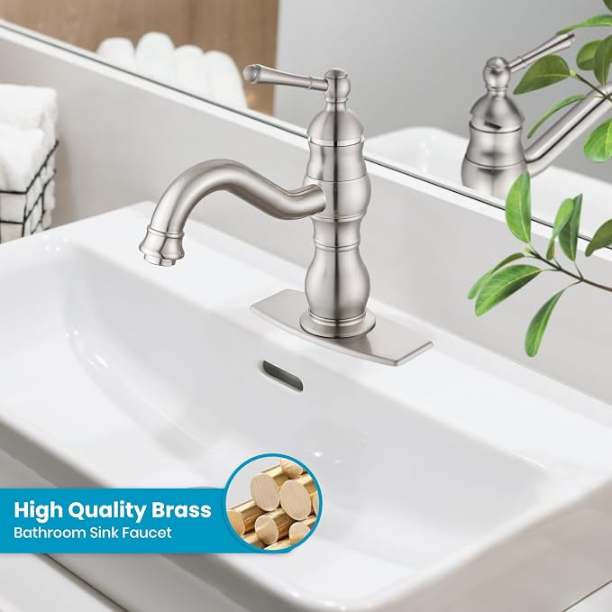 gotonovo Bathroom Faucet 1 Hole Vintage,Brushed Nickel,7.1” Spout Reach | Bathroom Sink Faucet for 1 or 3 Hole Single Handle,Deck Plate,360° Swivel Spout,Pop Up Drain,cUPC Supply Hoses,for Vanity RV