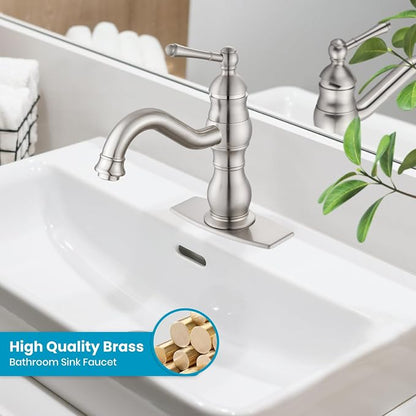 gotonovo Bathroom Faucet 1 Hole Vintage,Brushed Nickel,7.1” Spout Reach | Bathroom Sink Faucet for 1 or 3 Hole Single Handle,Deck Plate,360° Swivel Spout,Pop Up Drain,cUPC Supply Hoses,for Vanity RV