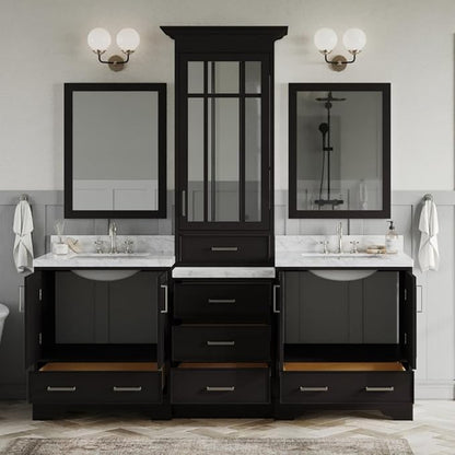ARIEL Stafford 84-inch Bathroom Vanity with Sink,Solid Wood, 1.5-inch Italian Carrara Marble Countertop, Double Rectangular Porcelain Sink, 5 Soft Closing Doors, 6 Dovetail Drawers, Espresso