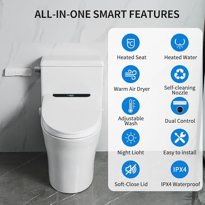 Heated Bidet Toilet Seat Elongated with LED Display & Remote Control - Smart Soft Close Toilet Seat Electric Bidet with Dryer, Warm Water, Feminine Wash, Self-Cleaning Nozzle, IPX4, White