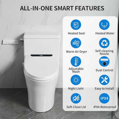 Heated Bidet Toilet Seat Elongated with LED Display & Remote Control - Smart Soft Close Toilet Seat Electric Bidet with Dryer, Warm Water, Feminine Wash, Self-Cleaning Nozzle, IPX4, White