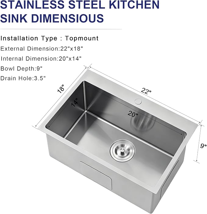 VAPSINT 22x18 Inch Drop In Kitchen Sink, 22 Inch 16 Gauge T304 Stainless Steel Topmount Small Kitchen Bar Sink, Handmade Single Bowl Outdoor RV Laundry Utility Prep Sink with Basket Strainer