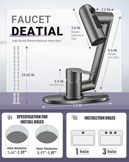Single Handle Bathroom Faucet, 1080° Swivel Rotatable Faucet with 6'' Deck Plate, Short Bath Sink Faucets for Kitchen Rv Bath Lavatory Sink 1 or 3 Hole, Grey