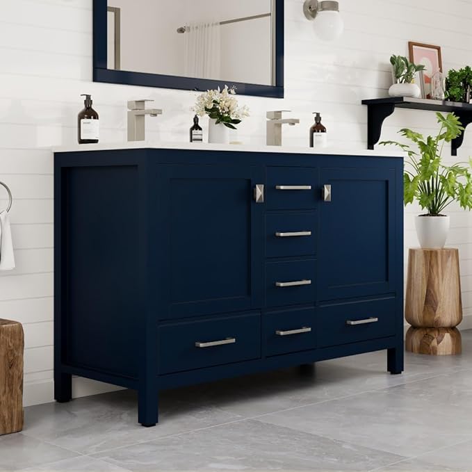 Eviva London 48 Inch Double Sink Vanity - Blue Double Vanity Sinks For Bathrooms - 48 Vanity With Sink And Countertop In Quartz & Undermount Porcelain Sink Combo - 48 Bathroom Vanity With Top And Sink