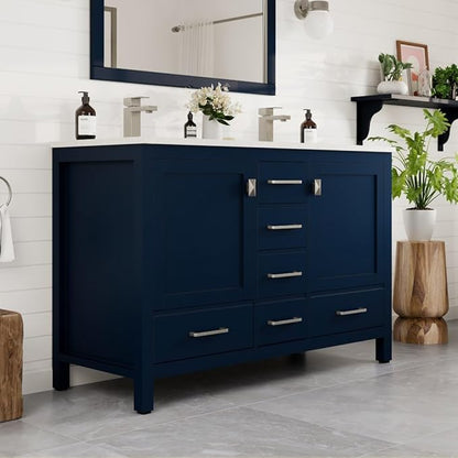 Eviva London 48 Inch Double Sink Vanity - Blue Double Vanity Sinks For Bathrooms - 48 Vanity With Sink And Countertop In Quartz & Undermount Porcelain Sink Combo - 48 Bathroom Vanity With Top And Sink