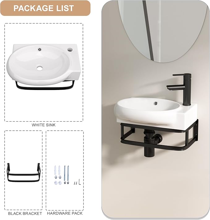 Logmey Wall Mount Bathroom Sink 16-1/2"x11" Floating Sink White Porcelain Ceramic Wall Hung Vessel Sink Wash Hand Basin with Bracket