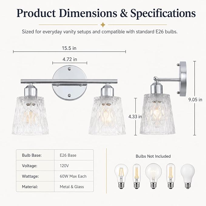 Chrome 2 Light Bathroom Vanity Lights with Textured Glass Shades, E26 Sockets, Bathroom Light Fixtures Over Mirror, Modern Lighting Fixtures Wall Lamp Vanity Lights
