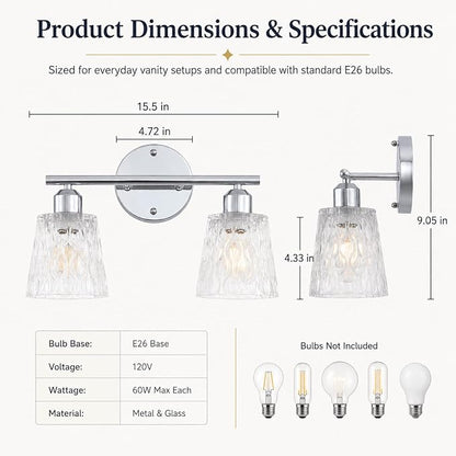 Chrome 2 Light Bathroom Vanity Lights with Textured Glass Shades, E26 Sockets, Bathroom Light Fixtures Over Mirror, Modern Lighting Fixtures Wall Lamp Vanity Lights